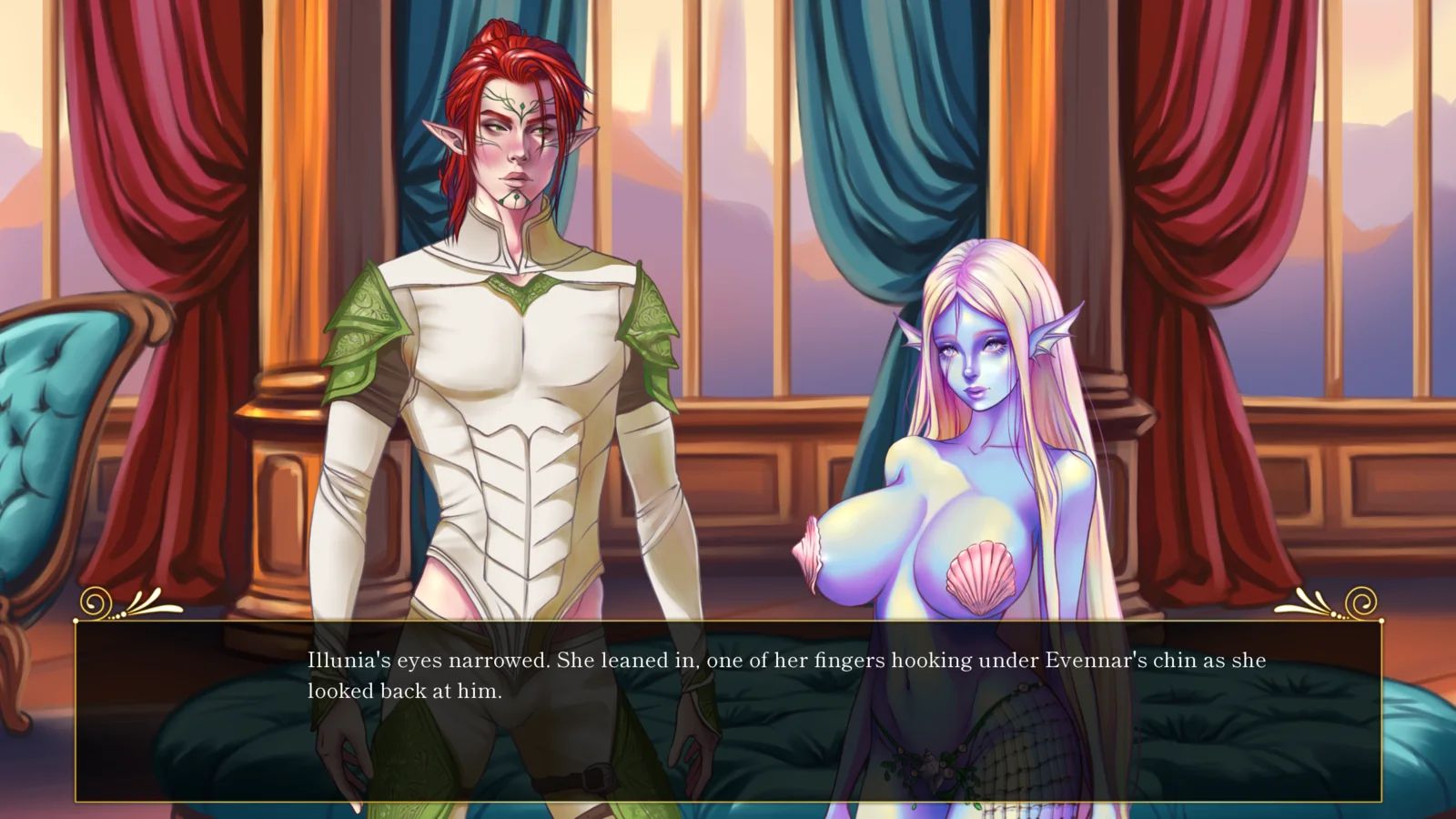 Illunia and Evennar share a charged moment
